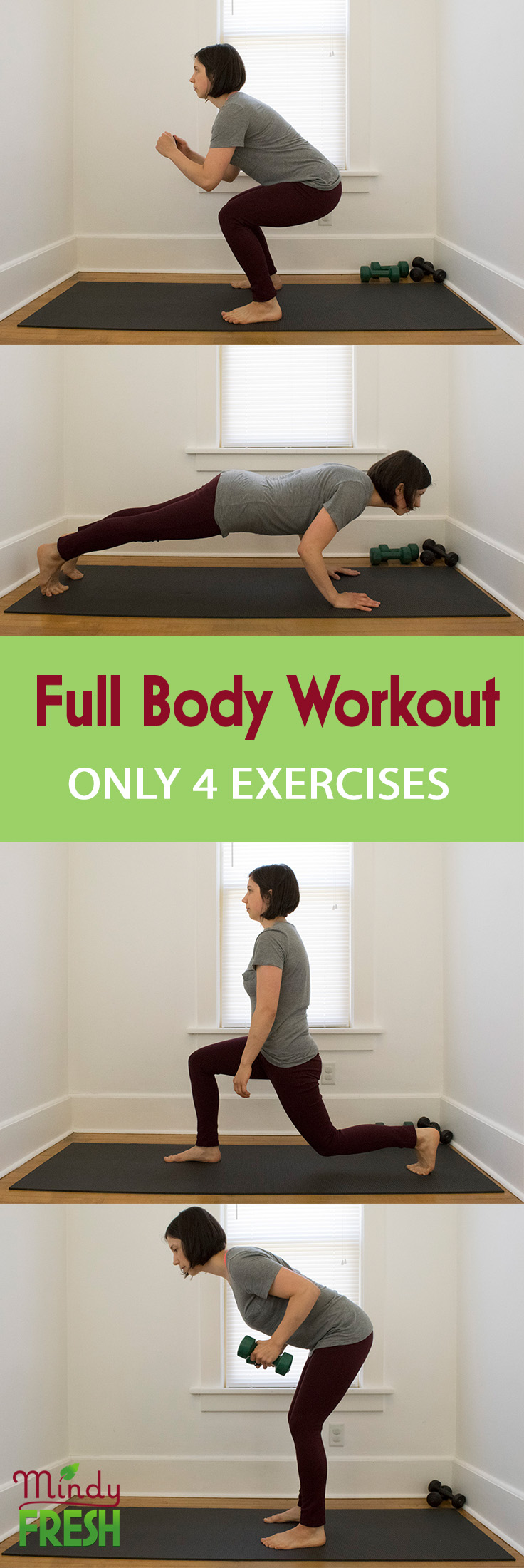4 exercises to a full body workout complete with squat, push up, lunge, and row exercises