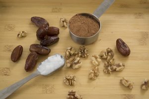 dates, coconut oil, walnuts, cocoa powder