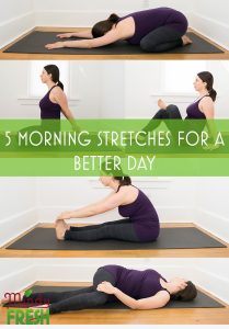 stretches including child's pose, chest opener, figure 4 stretch, hamstring stretch and spinal twist
