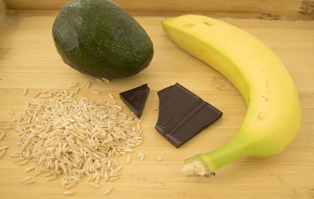 Banana, dark chocolate, avocado, and brown rice